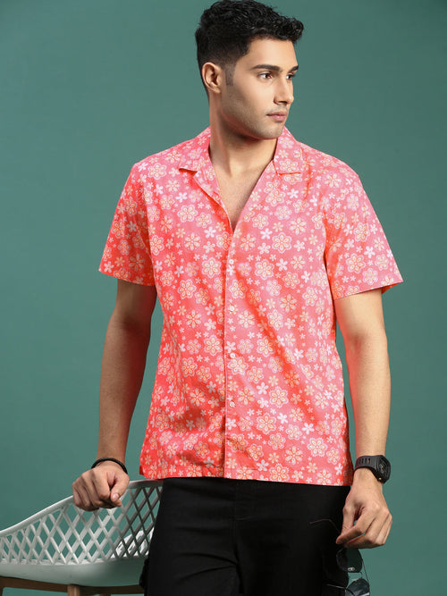 Men Cuban Collar Floral Coral Relaxed Fit Shirt-Titus-3094-Coral