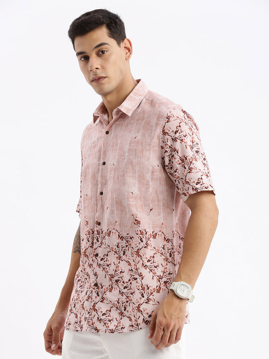 Men Spread Collar Floral Slim Fit Peach Shirt-Toby-2851-Peach