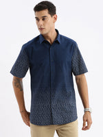 Men Spread Collar Printed Slim Fit Navy Blue Shirt-Toby-2856-Navyblue