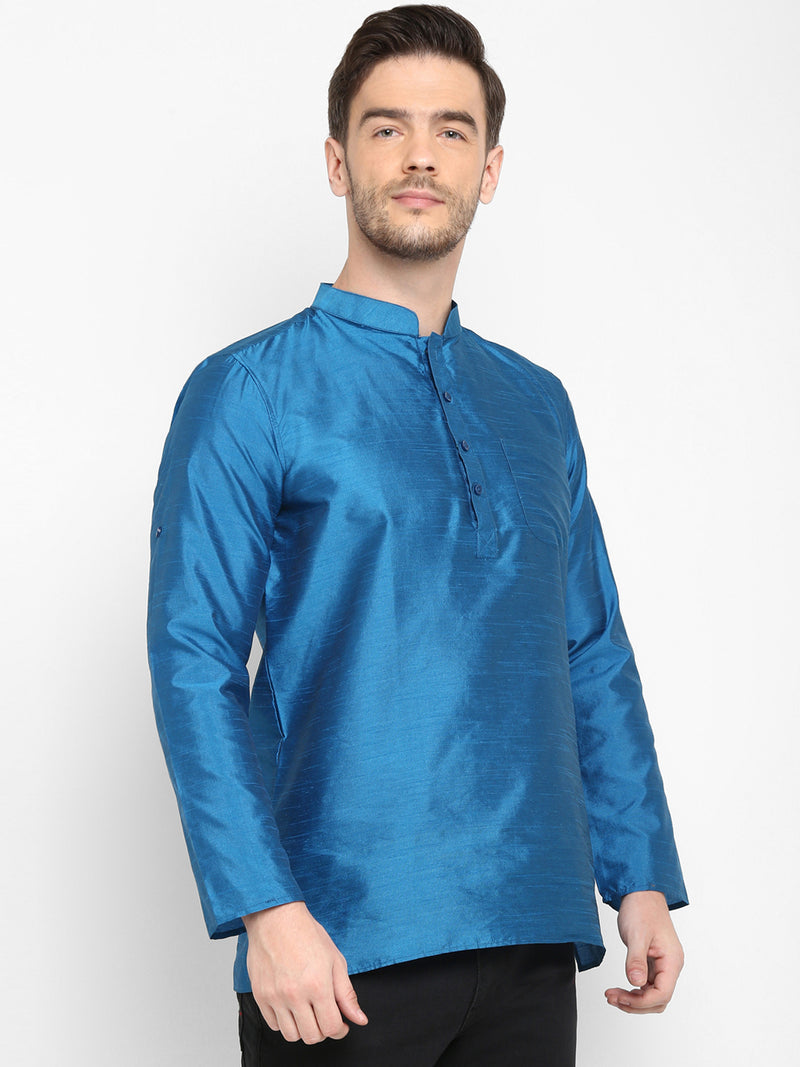 Hangup Men Standard Solid Men's Indian Wear-Turquoise_Dupion_Patch_ShortKurta