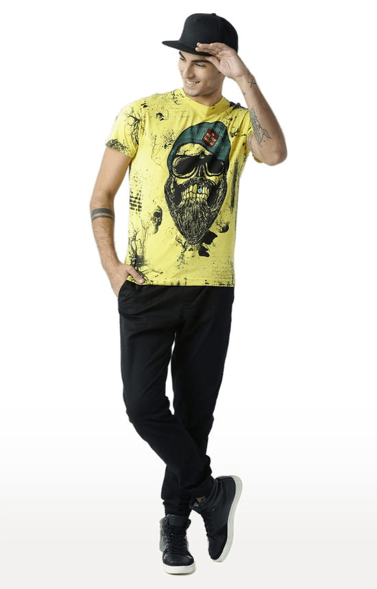 Huetrap Yellow Mens Short Sleeve Graphic Printed Tshirt-HT17MKGRAYLW00321