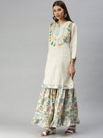 Women Straight Off White Yoke Design Kurta and Sharara-UB-2278-Offwhiteturquoiseblue