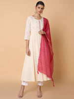 Women Ethnic Motifs Cream Anarkali Kurta with Duppatta-UB-2353-1-Cream