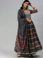 Women Anarkali Navy Blue Printed Kurta and Sharara-UB-2461-Navybluemaroon