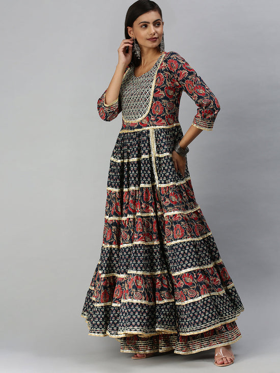 Women Anarkali Navy Blue Printed Kurta and Sharara-UB-2461-Navybluemaroon