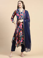 Women Floral Navy Blue Anarkali Kurta Set with Dupatta-UB-3121-Navyblue