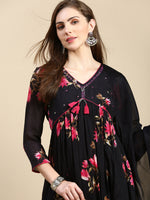 Women Floral Black Anarkali Kurta Set with Dupatta-UB-3147-Black