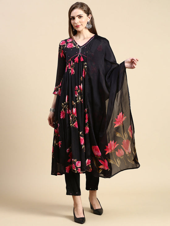 Women Floral Black Anarkali Kurta Set with Dupatta-UB-3147-Black