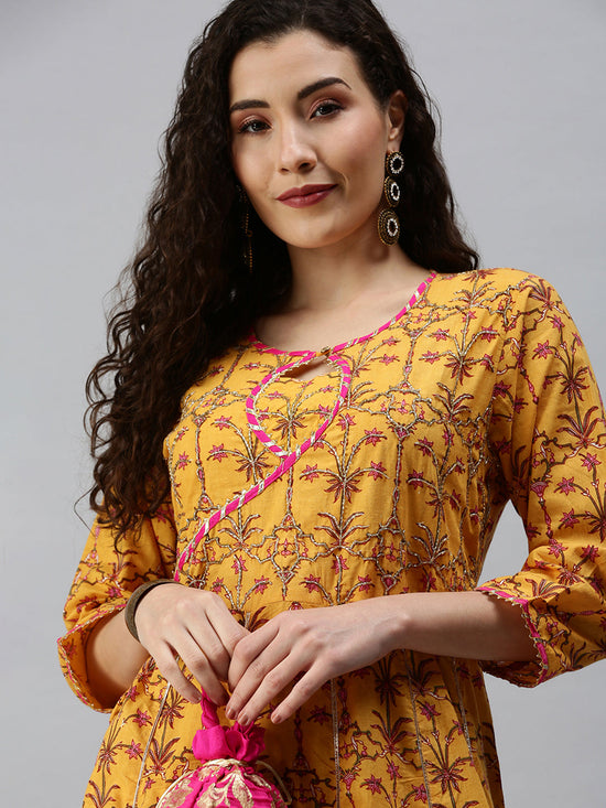 Women Printed Yellow Anarkali Kurta-UB001-Yellow