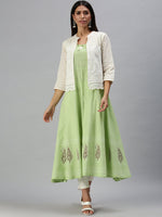 Women Mandarin Collar Woven Design Green Anarkali Kurta-UB1161-Green