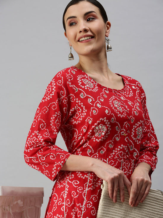 Women Printed Red Anarkali Kurta-UB2403-Red