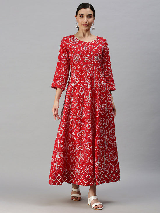 Women Printed Red Anarkali Kurta-UB2403-Red