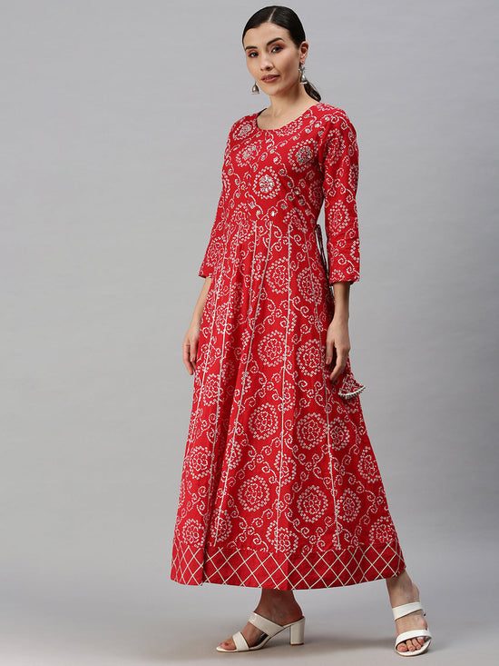 Women Printed Red Anarkali Kurta-UB2403-Red