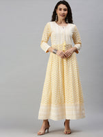 Women Woven Design Yellow Anarkali Kurta-UB2424-Yellow