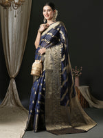 Saree Mall Women's Organza Navy Blue Woven Design Designer Saree With Blouse Piece-UNATI1004