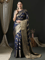 Saree Mall Women's Organza Navy Blue Woven Design Designer Saree With Blouse Piece-UNATI1004