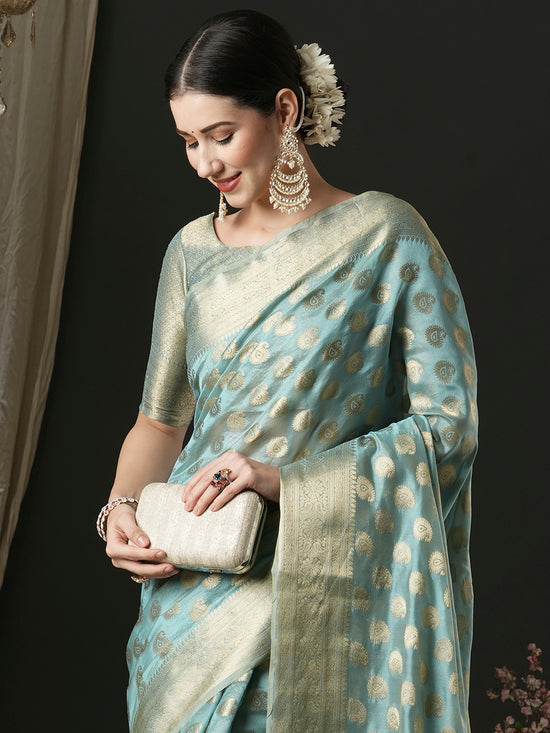 Saree Mall Women's Organza Light Blue Woven Design Designer Saree With Blouse Piece-UNATI4001