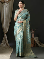 Saree Mall Women's Organza Light Blue Woven Design Designer Saree With Blouse Piece-UNATI4001