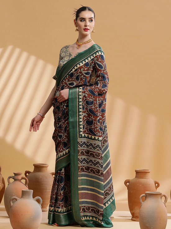 Saree Mall Women's Cotton Blend Brown Printed Designer Saree With Blouse Piece-UNVRSE35B