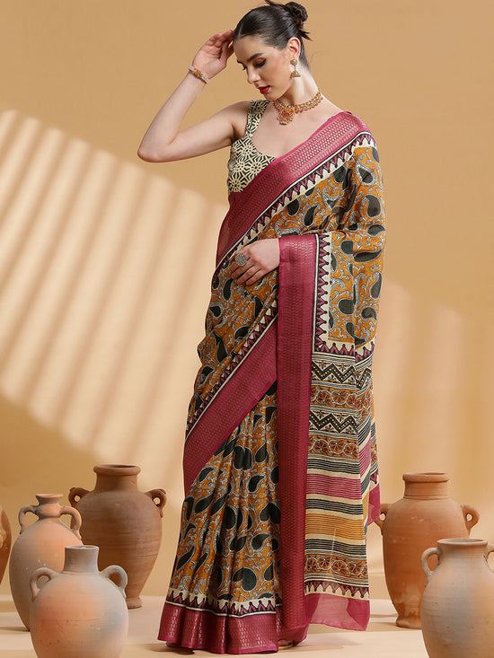 Saree Mall Women's Cotton Blend Mustard Printed Designer Saree With Blouse Piece-UNVRSE35C