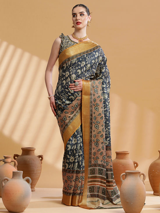 Saree Mall Women's Cotton Blend Navy Blue Printed Designer Saree With Blouse Piece-UNVRSE36D