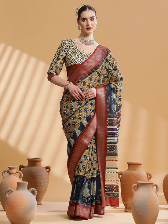 Saree Mall Women's Cotton Blend Mustard Printed Designer Saree With Blouse Piece-UNVRSE38A