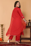 Avanshee Women's Latest Embroidred Cotton Blend Kurta, Pant With Dupatta-ES-7513-RED