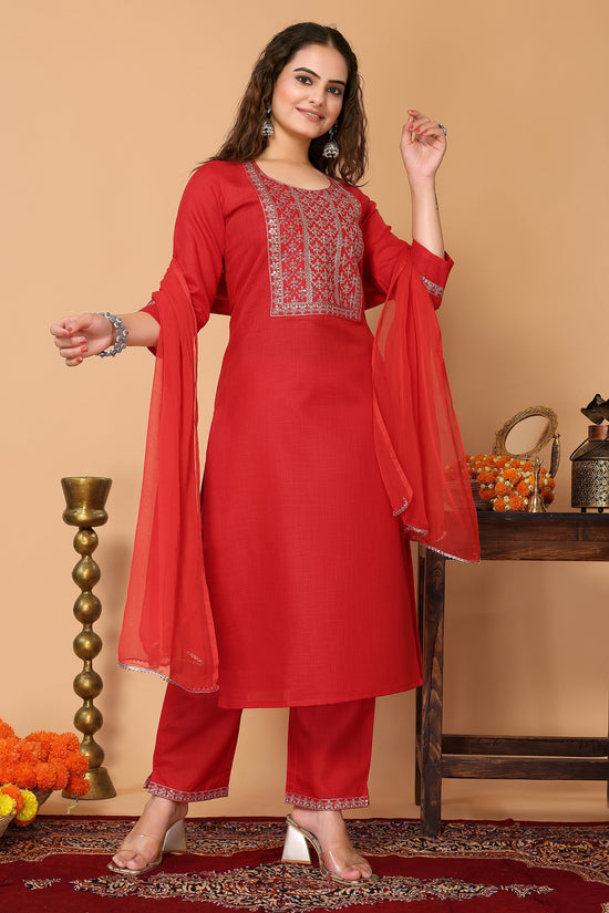 Avanshee Women's Latest Embroidred Cotton Blend Kurta, Pant With Dupatta-ES-7513-RED