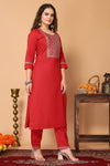 Avanshee Women's Latest Embroidred Cotton Blend Kurta, Pant With Dupatta-ES-7513-RED