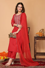 Avanshee Women's Latest Embroidred Cotton Blend Kurta, Pant With Dupatta-ES-7513-RED