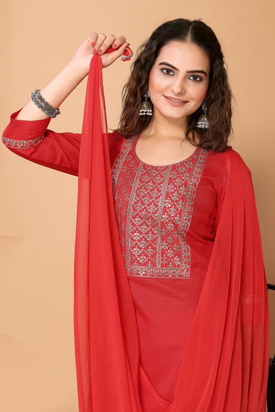 Avanshee Women's Latest Embroidred Cotton Blend Kurta, Pant With Dupatta-ES-7513-RED