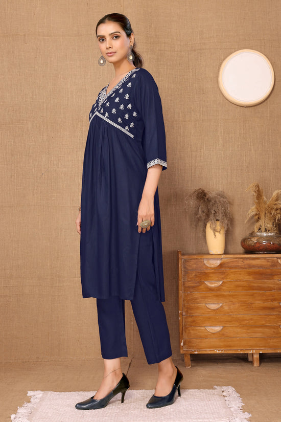 Avanshee Women's Latest Solid Embroidred Alia Cut Kurta And Pant Set-KP-7932-Navy