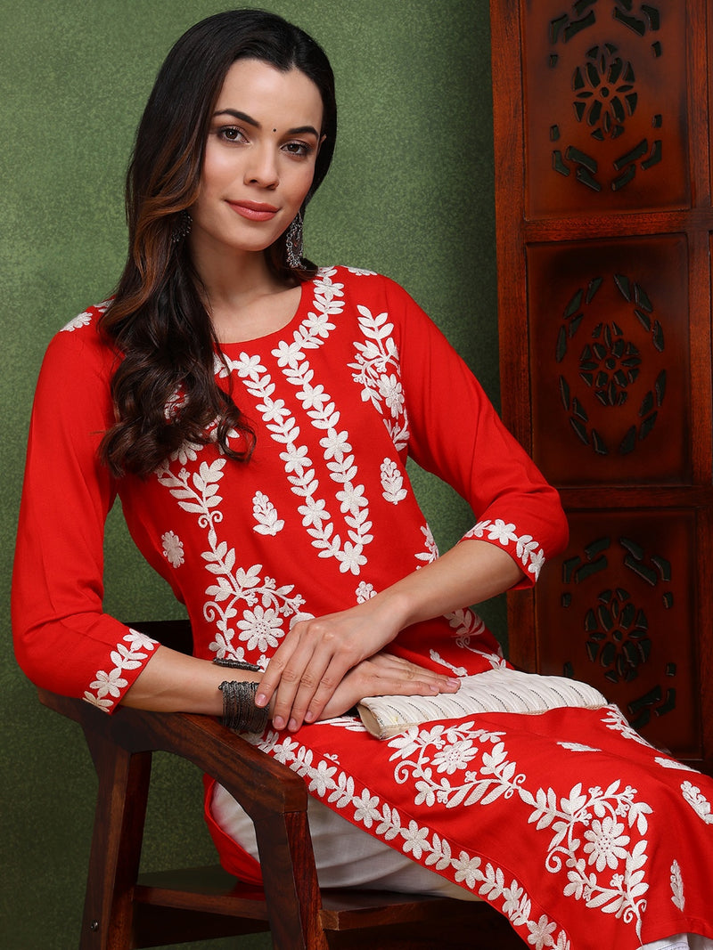 Ahika Women Red Viscose Rayon Solid Embroidered Chikankari Straight Kurta