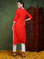 Ahika Women Red Viscose Rayon Solid Embroidered Chikankari Straight Kurta