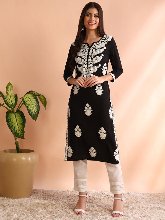 Ahika Women Black Rayon Solid Embroidered Straight Kurta-VCK9773BLK