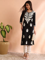 Ahika Women Black Rayon Solid Embroidered Straight Kurta-VCK9773BLK