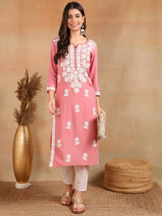 Ahika Women Pink Viscose Rayon Solid Embroidered Chikankari Straight Kurta-VCK9776PNK