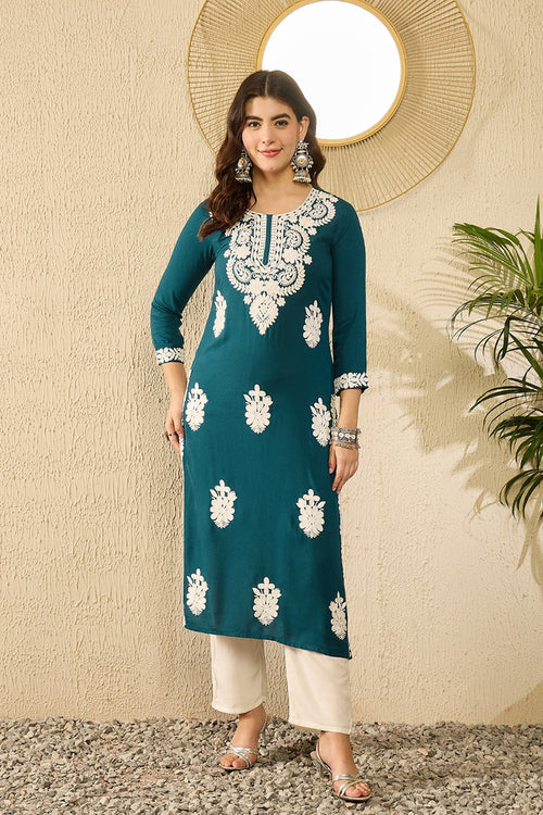 Ahika Women Blue Viscose Rayon Solid Embroidered Straight Kurta-VCK9784