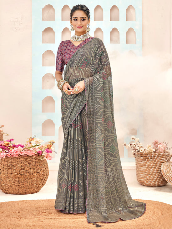 Saree Mall Women's Brasso Grey Printed Designer Saree With Blouse Piece-VENICBS40111