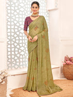 Saree Mall Women's Brasso Olive Printed Designer Saree With Blouse Piece-VENICBS40115