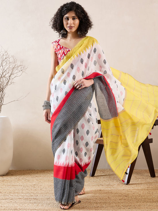 Ahika Women White Linen Ikat Printed Saree-VFSAR1001