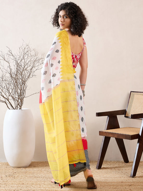 Ahika Women White Linen Ikat Printed Saree-VFSAR1001