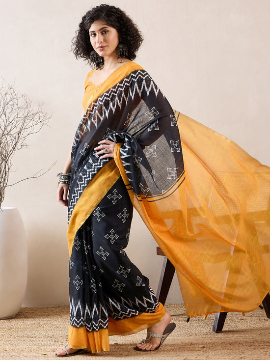 Ahika Women Black Linen Ikat Printed Saree-VFSAR1002