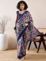 Ahika Women Blue Linen Abstract Printed Saree-VFSAR1004