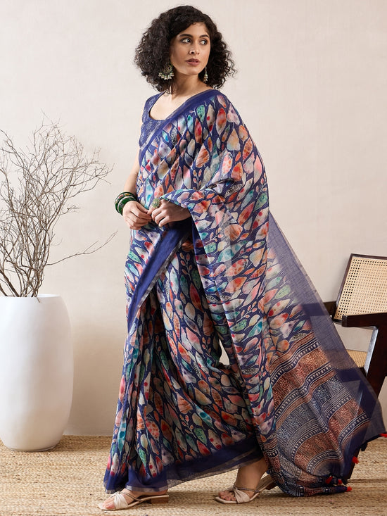 Ahika Women Blue Linen Abstract Printed Saree-VFSAR1004