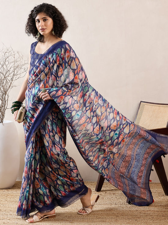 Ahika Women Blue Linen Abstract Printed Saree-VFSAR1004