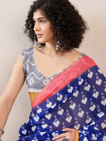 Ahika Women Blue Linen Ikat Printed Saree-VFSAR1008