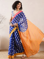 Ahika Women Blue Linen Ikat Printed Saree-VFSAR1008