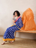 Ahika Women Blue Linen Ikat Printed Saree-VFSAR1008