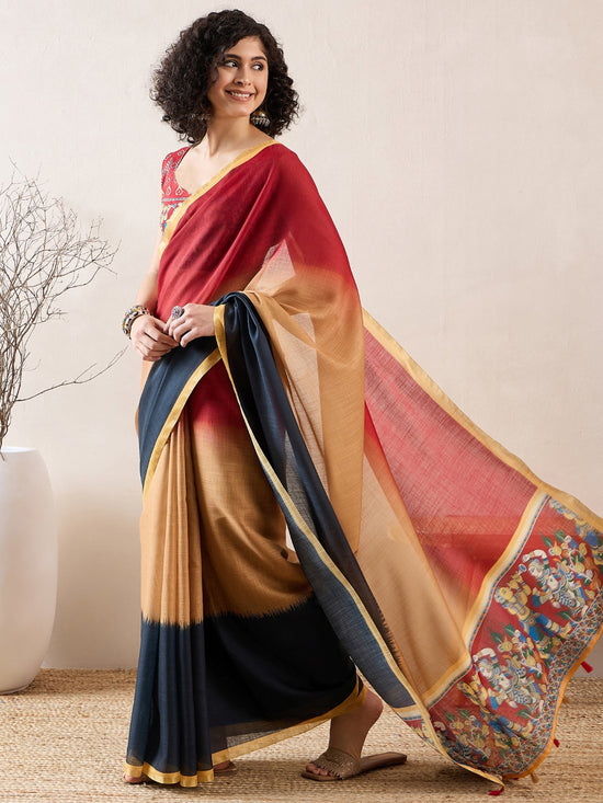 Ahika Women Multi Linen Kalamkari Printed Saree-VFSAR1009